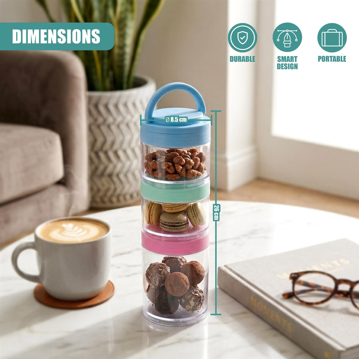 Three stackable, clear acrylic containers, filled with nuts and snacks, rest on a marble surface.