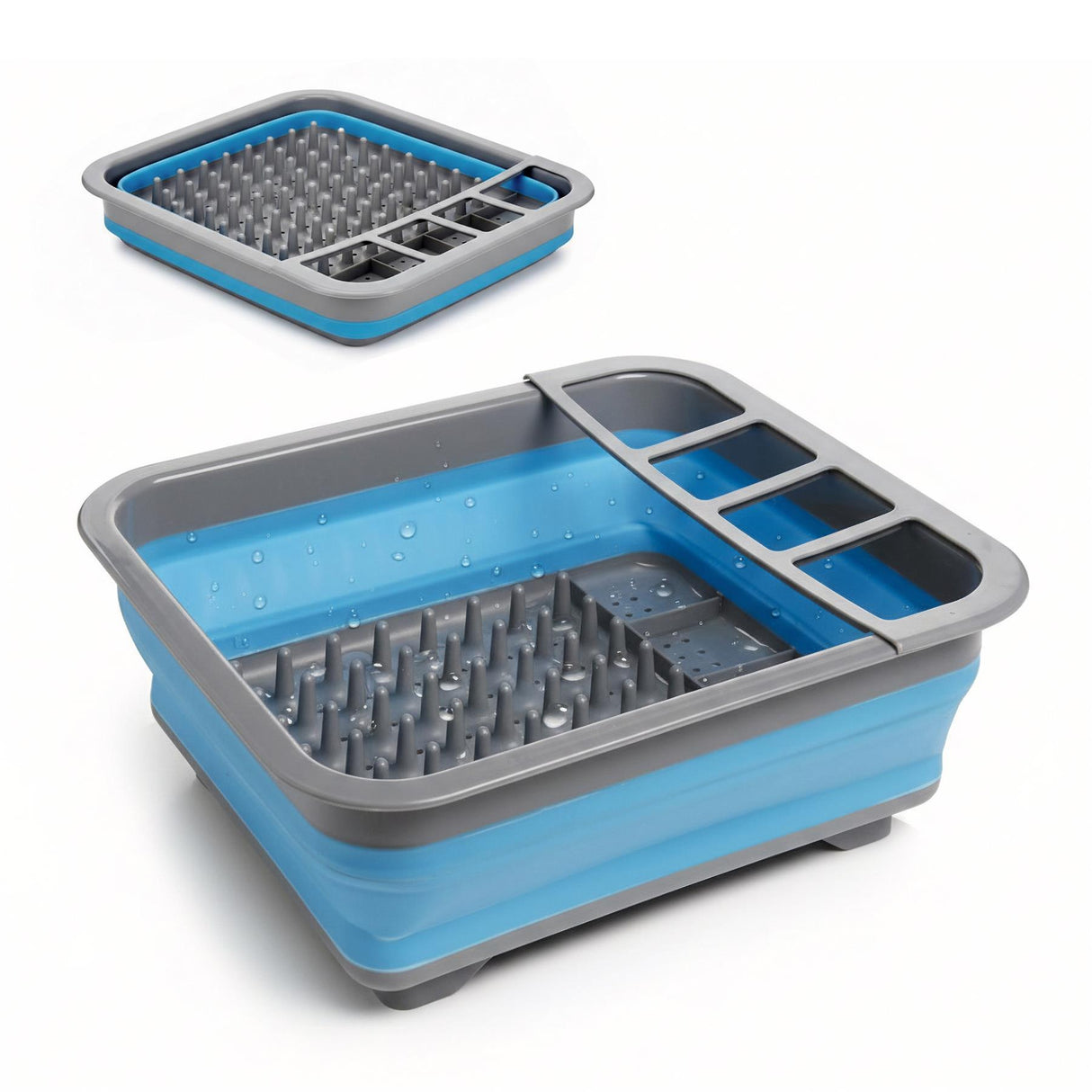 Blue and gray plastic dish rack with multiple drain slots and a foldable, collapsible design.