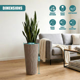 Textured, mocha-brown flower pot displayed with a snake plant and dimensional measurements.