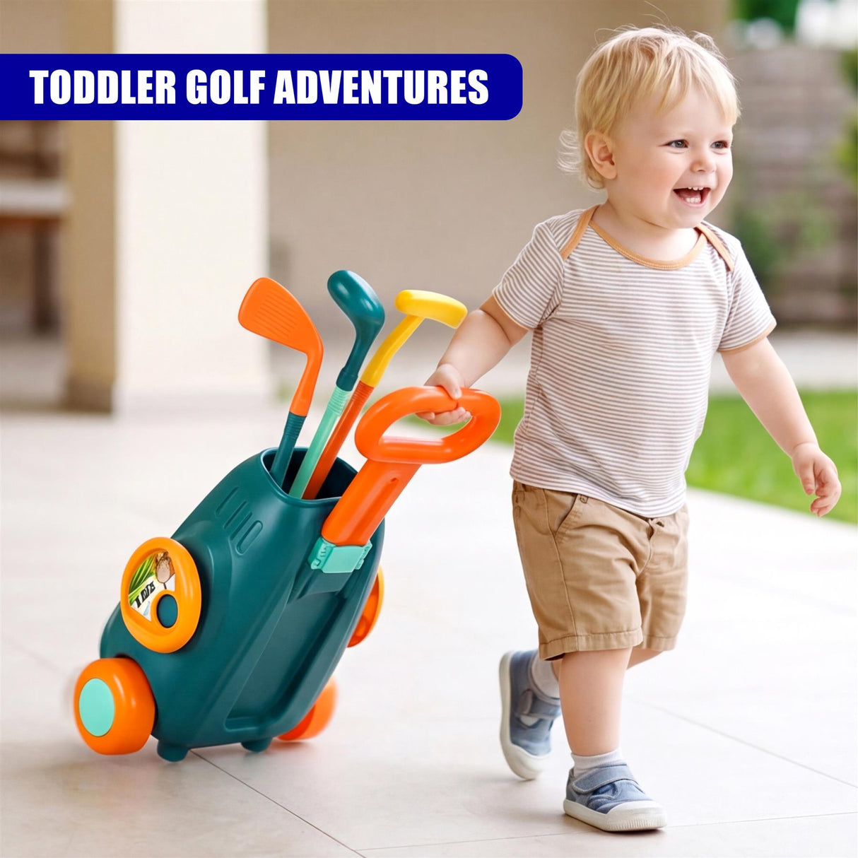 A young child stands next to a green cart filled with brightly colored plastic miniature golf clubs.