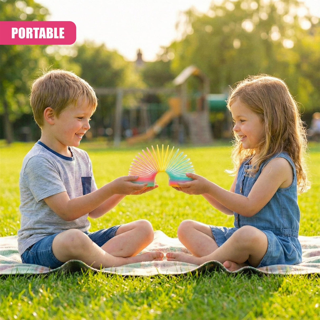 A young boy and girl sit on a blanket in a park, smiling and playing with a colorful, flexible, and interactive toy. The boy holds the toy, a Slinky-like device with multiple colored, flexible rods that can be stretched and twisted. The girl, with long, curly hair, is dressed in a blue dress and plays with the toy, holding it and smiling. The boy, with short, messy hair, is dressed in a grey t-shirt and blue shorts, and holds the toy, smiling. The toy, a Slinky-like device, is made of multiple … - UKBuyZone