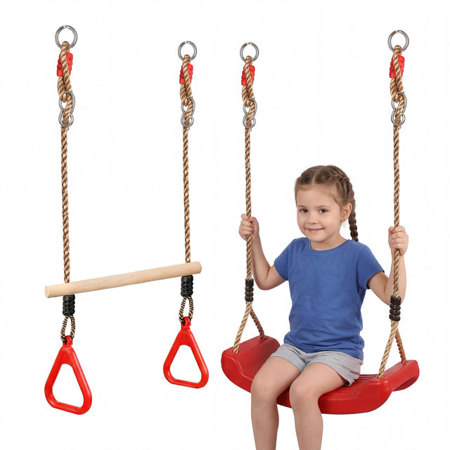 Trapeze bar and red seat swing set hanging from thick ropes; a girl is shown swinging.