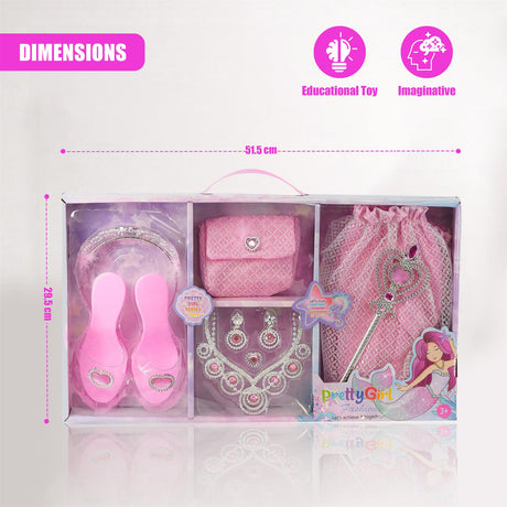 "A pink princess costume in a box, including a dress, sandals, and accessories, set against a white background." - UKBuyZone