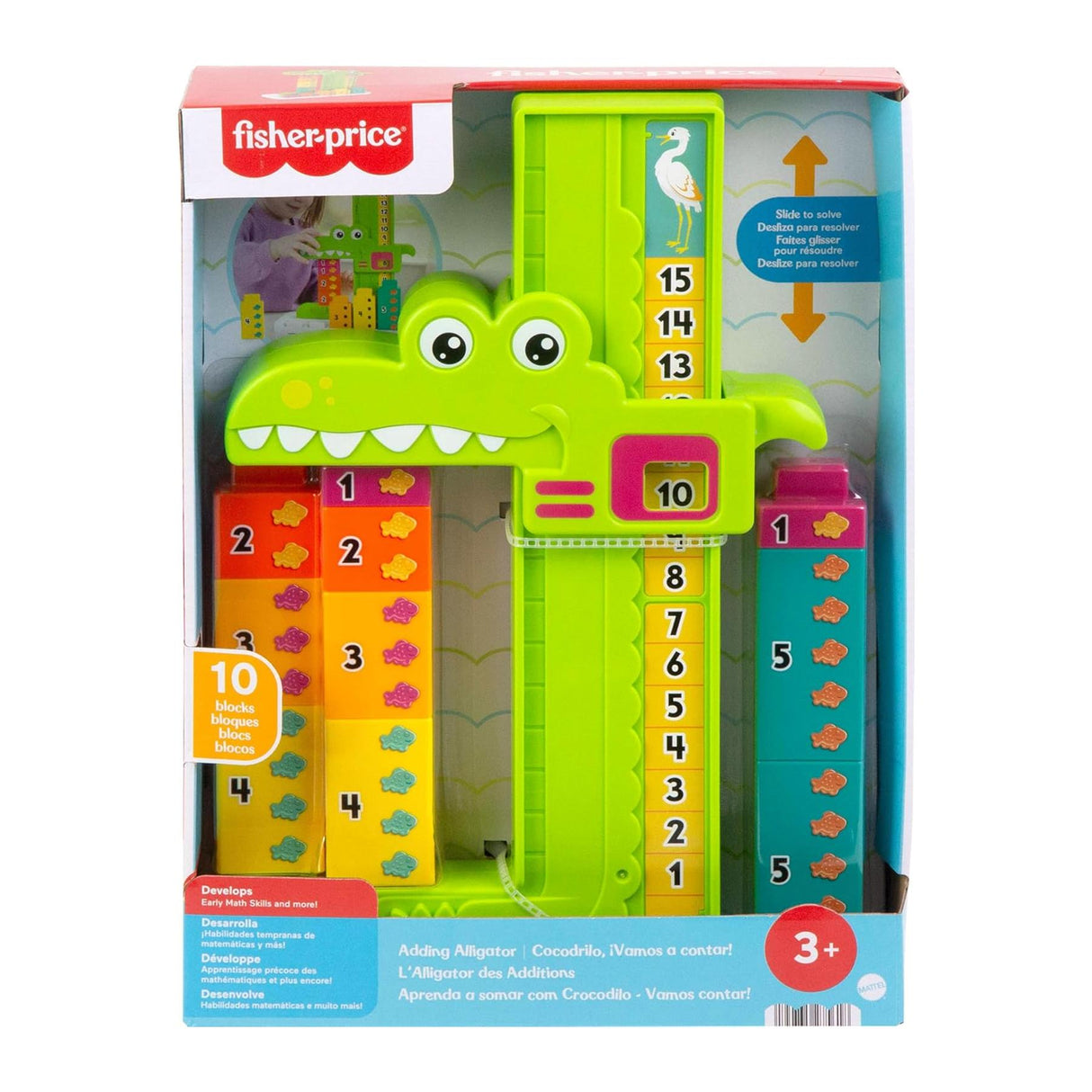 Fisher-Price toy set featuring an alligator, numbered blocks, and a counting activity.