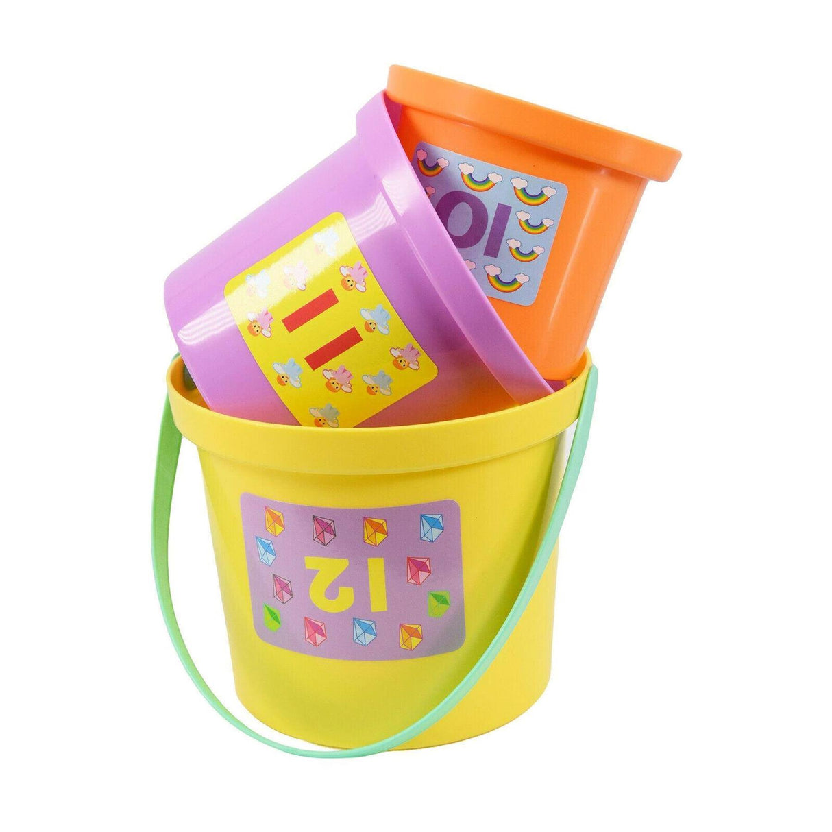 Set of colorful, numbered stacking cups nested inside a yellow storage bucket.