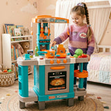 Blue and gray toy kitchen playset includes an oven, stove, counter, and play food items.
