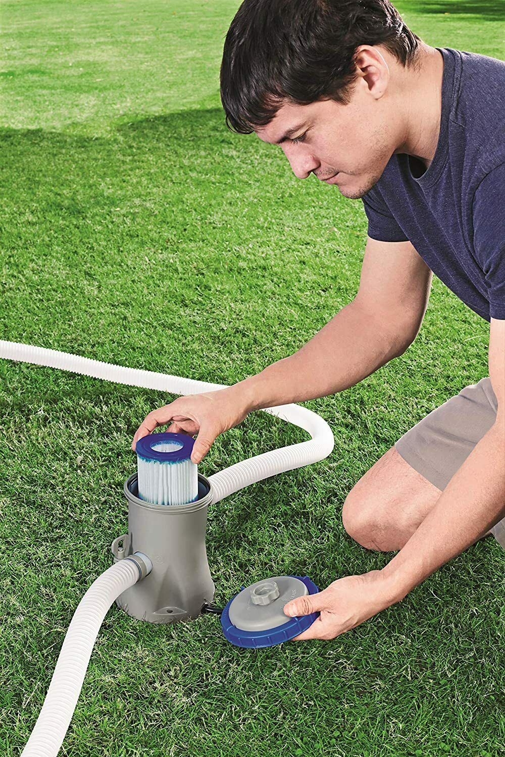 "The image depicts a man installing a swimming pool pump."