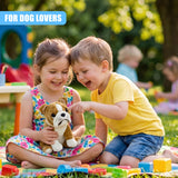 A stuffed toy of a brown and white British Bulldog being held by two children outdoors.
