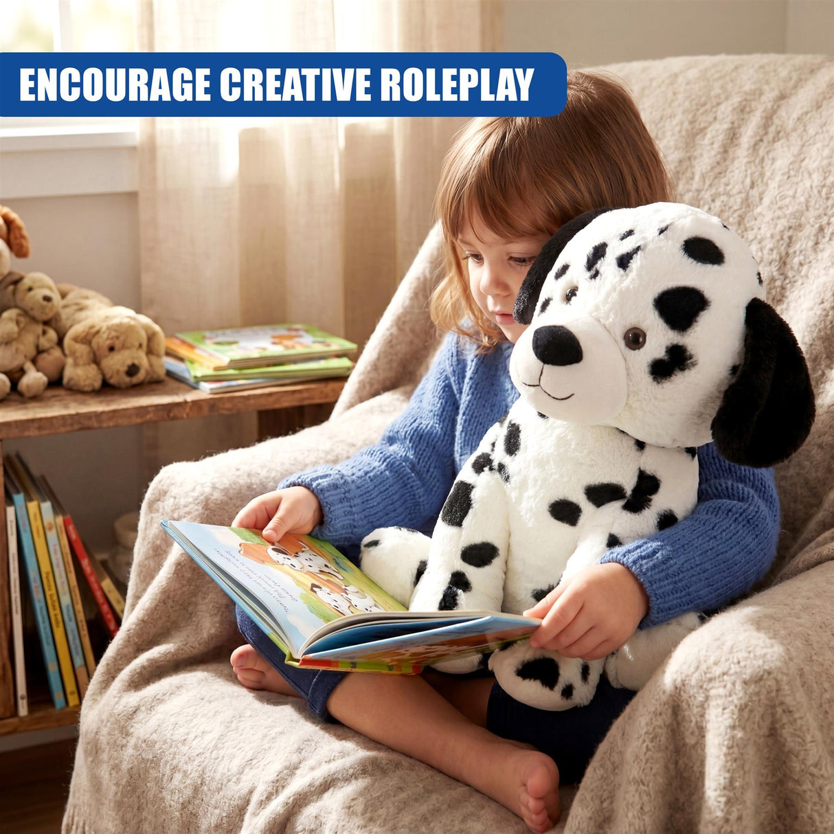 A young girl reads a book while holding a stuffed Dalmatian dog toy.