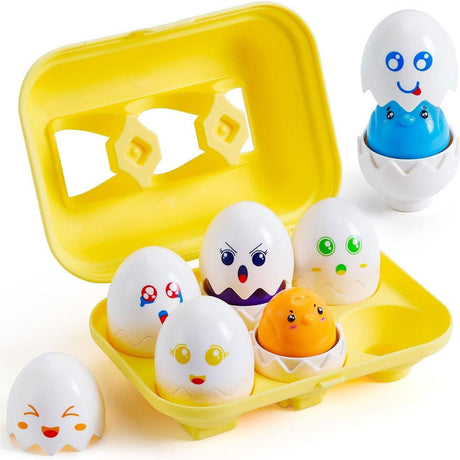 Plastic yellow tray with several decorative, painted egg figures of various facial expressions.