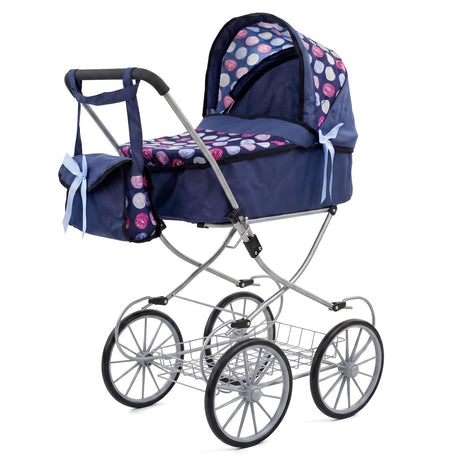 The toy pram features blue fabric with floral patterns and a four-wheeled metal frame.