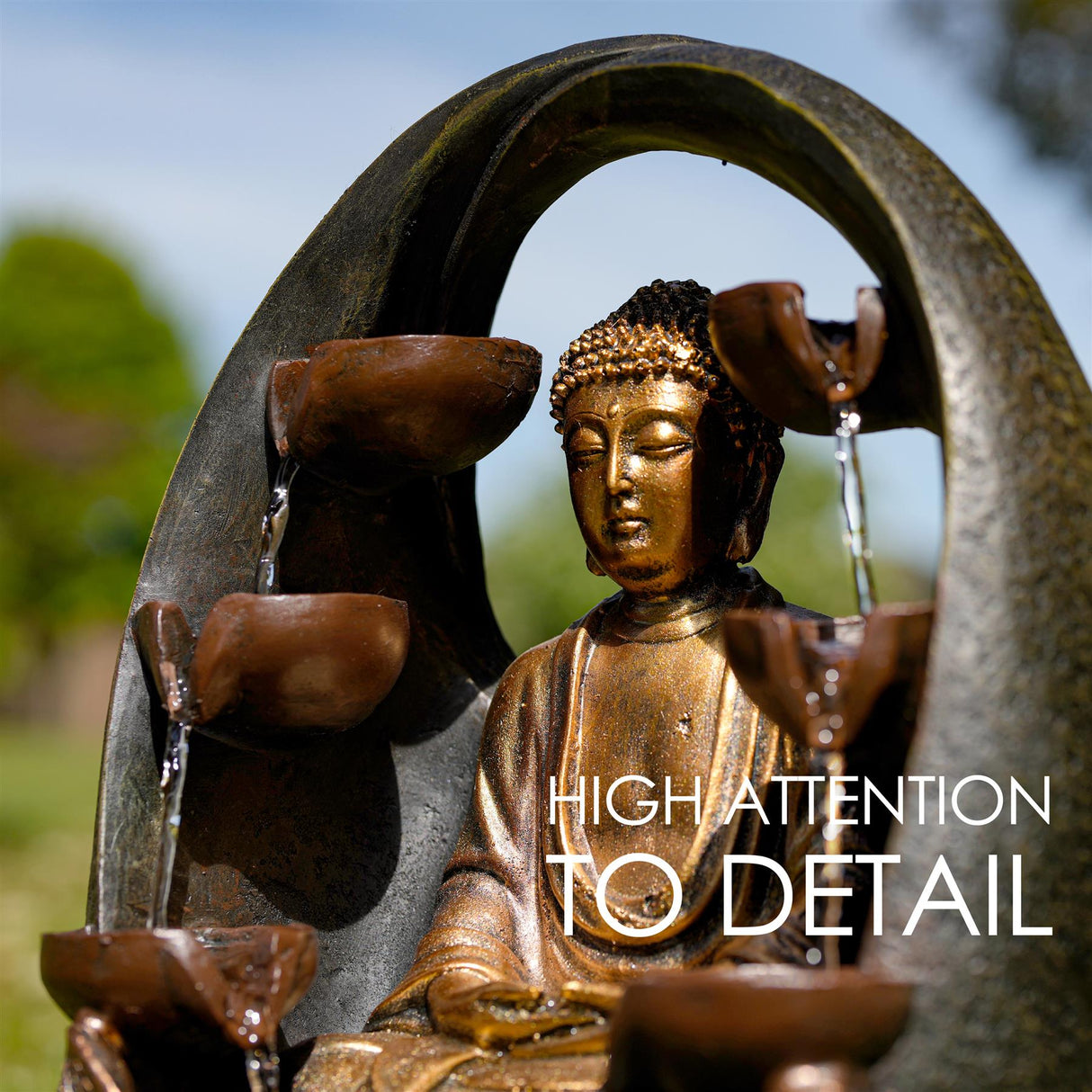 GEEZY Golden Buddha Solar Water Feature Outdoor With LED