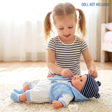 Doll lying on a rug wearing a light blue and white patterned baby outfit.