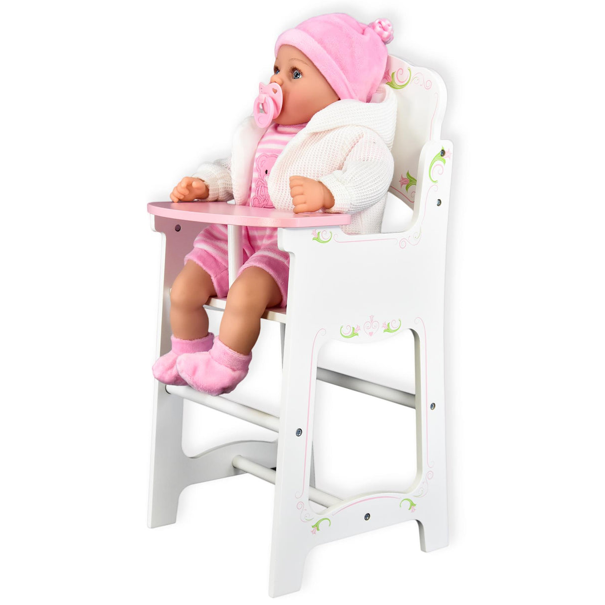 Baby doll in pink clothes sits on white high chair. - UKBuyZone