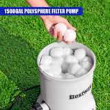 White filter balls fill the Bestway pool pump, displayed next to a hand holding more spheres.