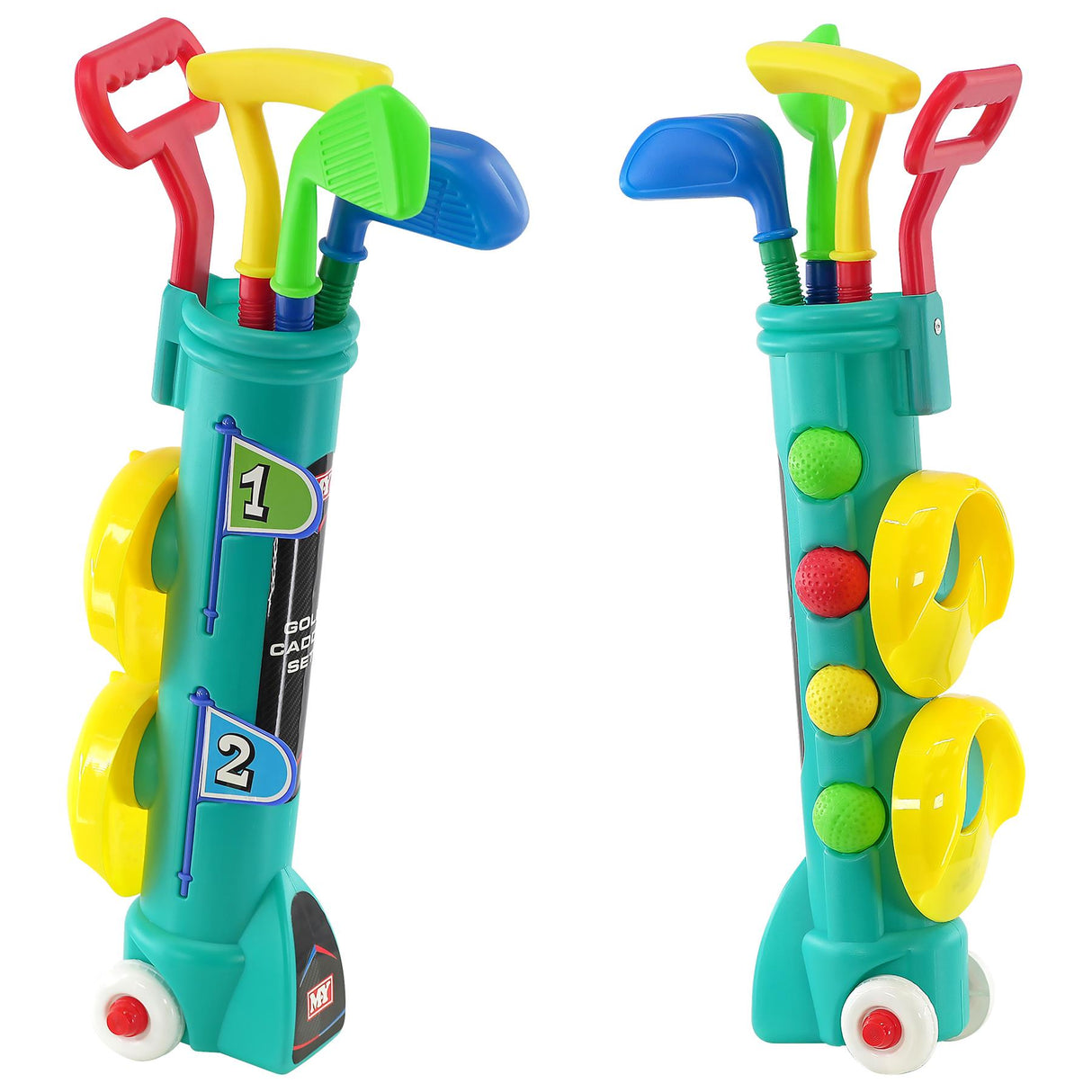 Two modular toy golf stations with launchers, numbered scoring zones, and multiple plastic clubs.