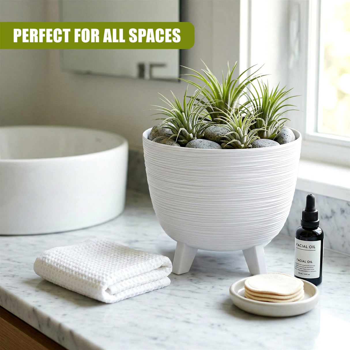 Succulent plant in a white, grooved pot with legs rests on a marble surface near towels and cosmetic items.