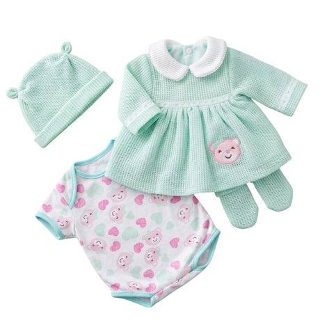 Mint green hat, light green dress with collar, and pink floral patterned onesie for a reborn doll.