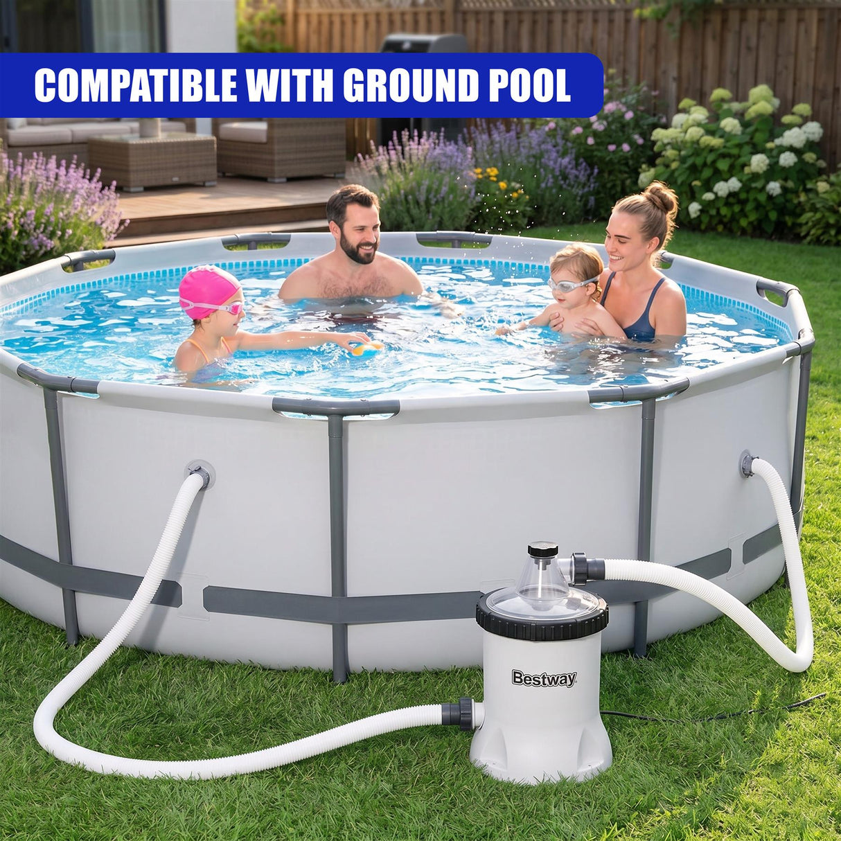 White pool pump unit connected by hoses to a filled, above-ground swimming pool in a backyard setting.