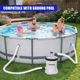 White pool pump unit connected by hoses to a filled, above-ground swimming pool in a backyard setting.