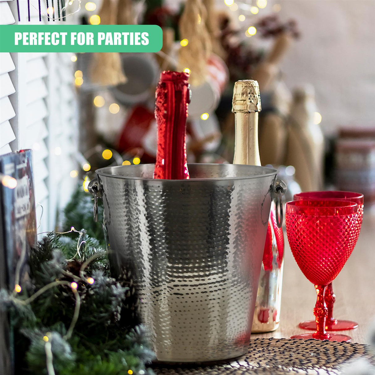 Stainless Steel Ice Bucket Hammered Champagne Drink Wine Cooler With Handles by Geezy - UKBuyZone