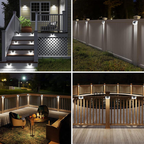 Solar lights mounted along outdoor steps and railings in a residential setting.
LED solar lights illuminating a tall, solid privacy fence at night.
Solar lights installed along a wooden railing bordering an outdoor patio area.
Solar lights mounted regularly along a solid light-colored exterior fence.
LED solar lights mounted on a curved wooden railing surrounding a deck.
Lights attached to a wooden railing structure overlooking a paved outdoor area.