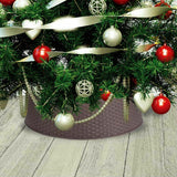 Brown Christmas tree skirt under a decorated tree on wooden floor