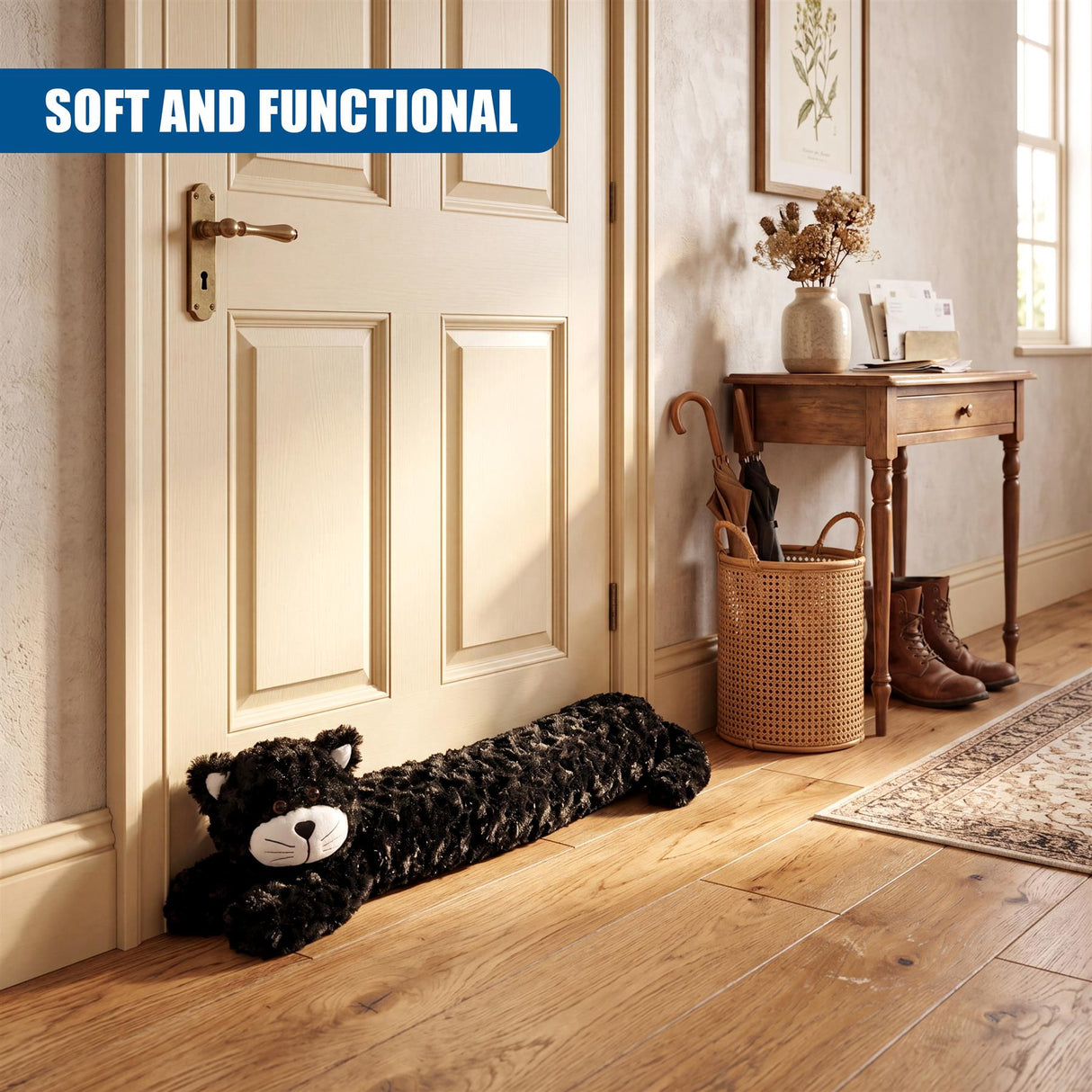 A plush, black cat shaped object rests horizontally on the wooden floorboards.