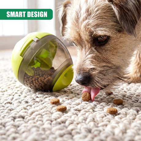 A dog sniffs scattered kibble near a partially visible green and clear treat dispenser toy.