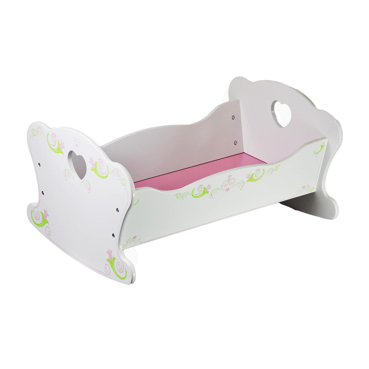 White wooden doll cradle with curved ends, heart cutouts, and green floral detailing.