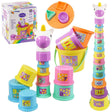 Stacking cup toy set showing numbered bases, colored rings, and a multi-tiered unicorn tower.