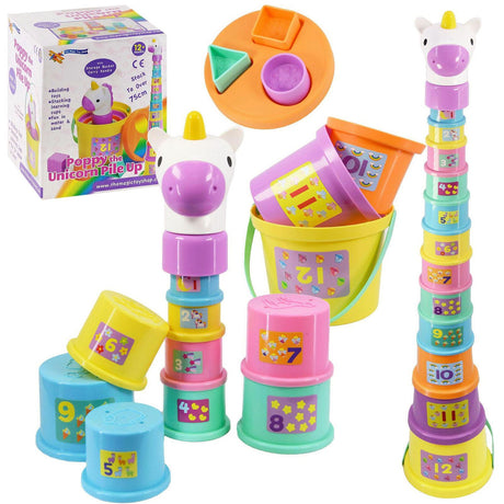 Stacking cup toy set showing numbered bases, colored rings, and a multi-tiered unicorn tower.