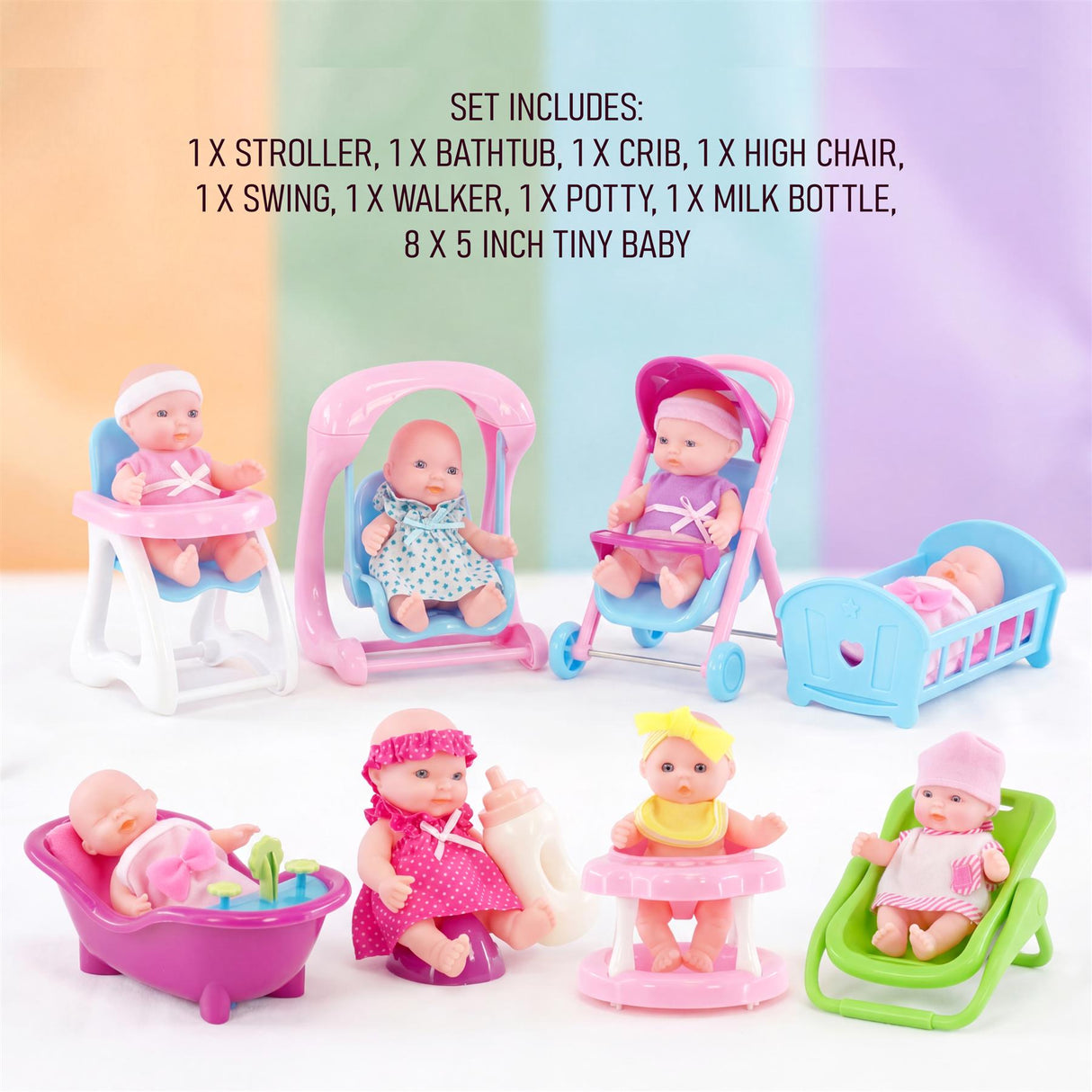 Set of 8 Mini Baby Dolls with Costumes & Accessories