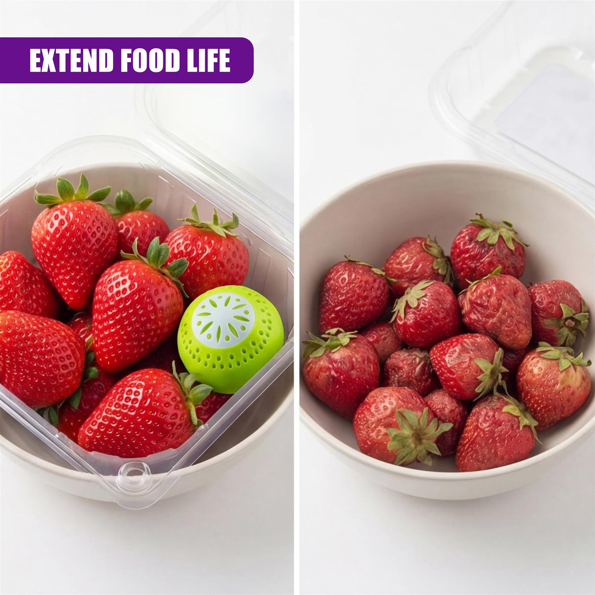 Strawberries and three green deodoriser balls resting inside a clear food storage container.

A white ceramic bowl filled with numerous fresh, ripe strawberries.