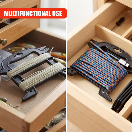 Christmas Light Reel Storage by GEEZY holding coiled fishing line and paracord inside a wooden drawer
