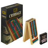 Cribbage game set featuring a wooden board, standard deck of cards, and original packaging box.