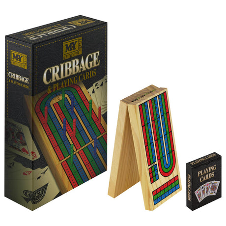 Cribbage game set featuring a wooden board, standard deck of cards, and original packaging box.