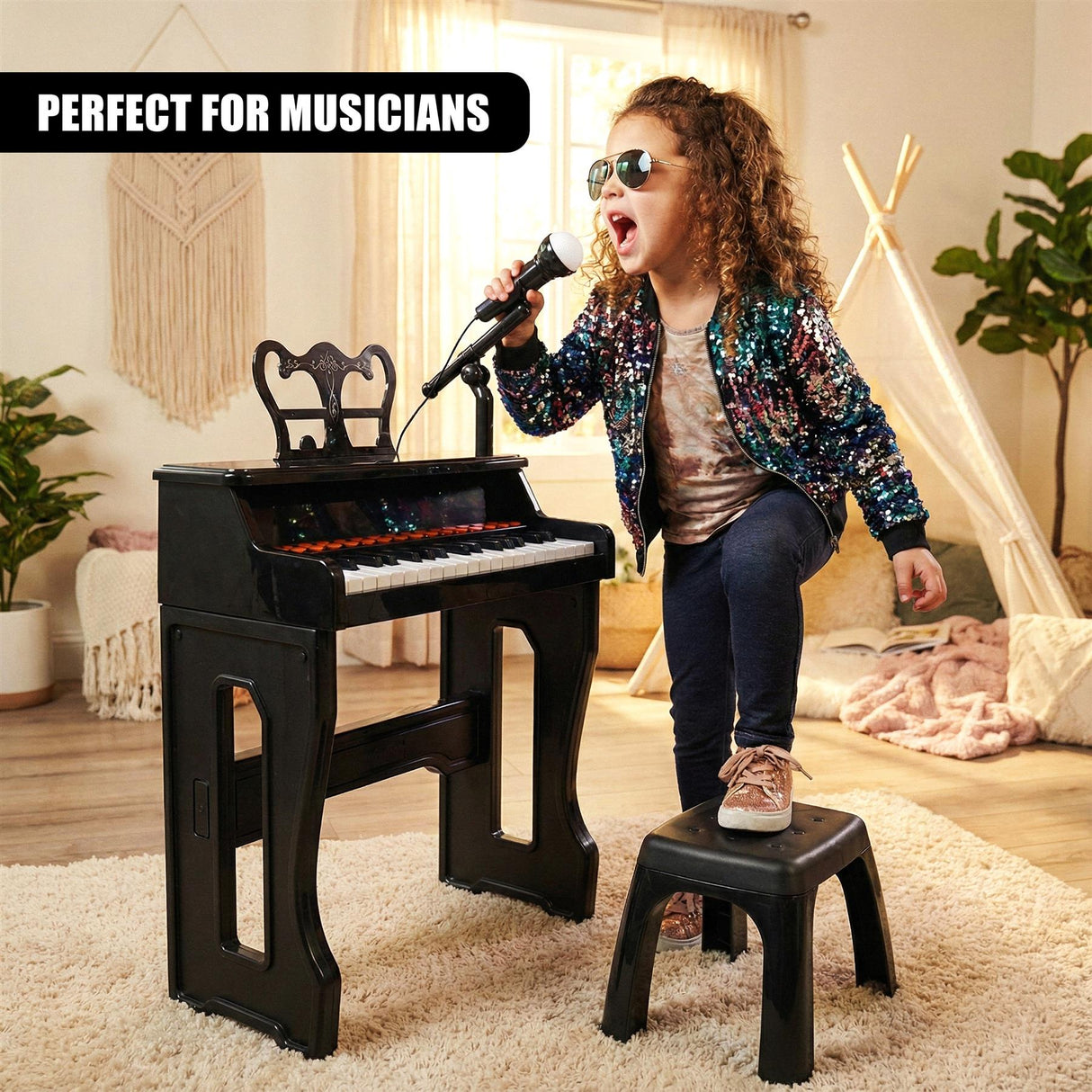 A young girl with glasses and a microphone singing on an electronic keyboard, placed on a stool. - UKBuyZone