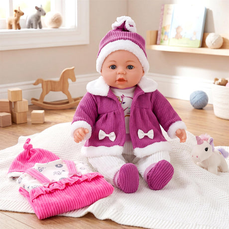 The doll wears a purple coat and hat, positioned near a folded pink and white doll outfit.