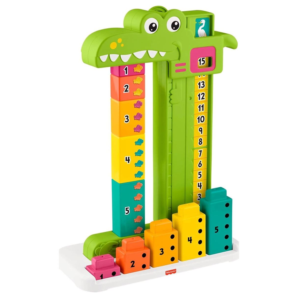 Green alligator toy featuring multiple vertical number columns for counting and addition practice.