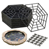 Pond protection system featuring stacked geometric frames, open cage structure, and small square grids.