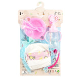 A doll set containing a cloth diaper, pink bottle, and multiple accessories for play.