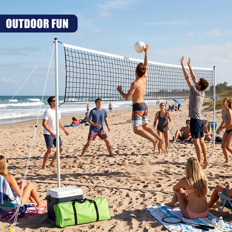 A group of people playing beach volleyball on a sandy shore with an adjustable net and ball, near a green carry bag for The