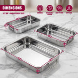Three stainless steel rectangular roasting trays of varying sizes are displayed on a surface.