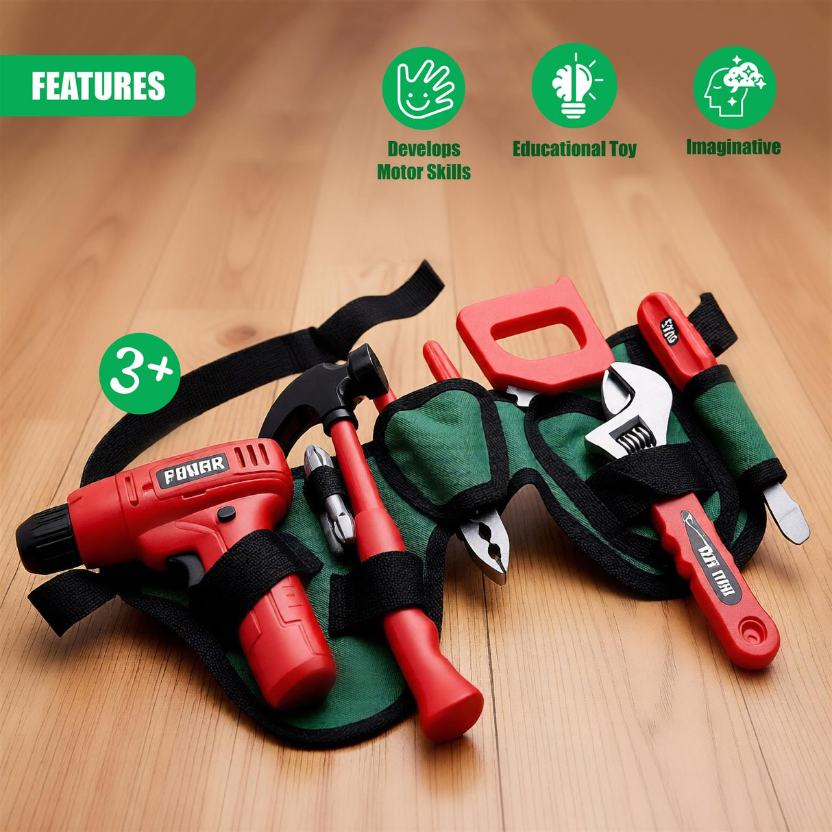 A toy tool set for kids, featuring a drill, hammer, saw, and other tools, all in a green and red color scheme, on a wooden floor. - UKBuyZone