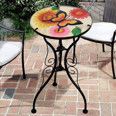 Round Side Garden Mosaic Table  With Flowers and Butterfly Design by Geezy - UKBuyZone