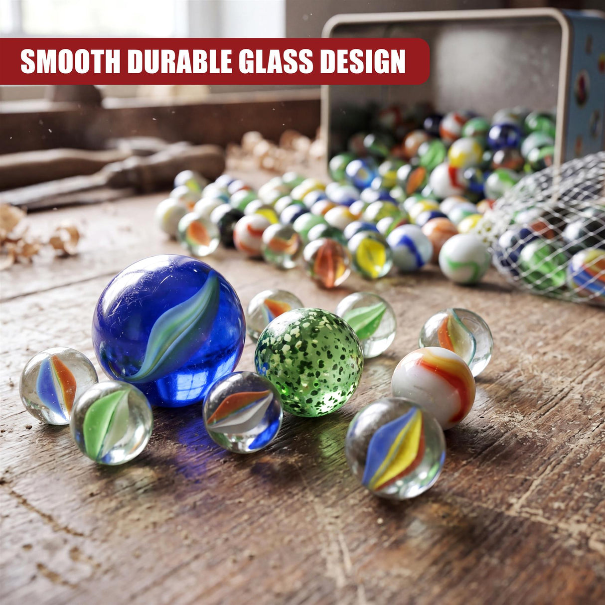 A collection of varied patterned marbles are arranged on wood beside an open metal tin.