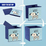 Four blue boxes with playful animal designs and a blue box with a white dog design, each with their own handles on top, all displayed against a white background. - UKBuyZone