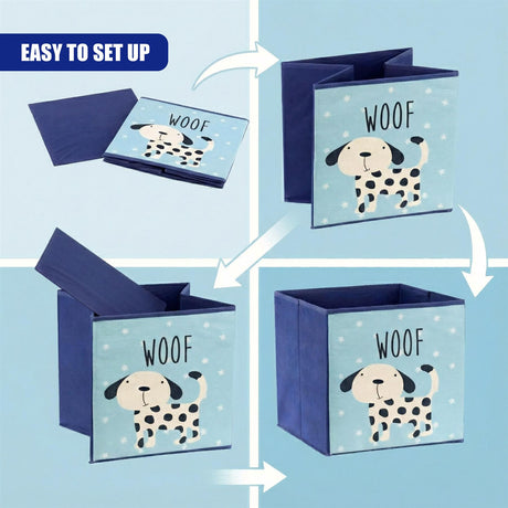 Four blue boxes with playful animal designs and a blue box with a white dog design, each with their own handles on top, all displayed against a white background. - UKBuyZone