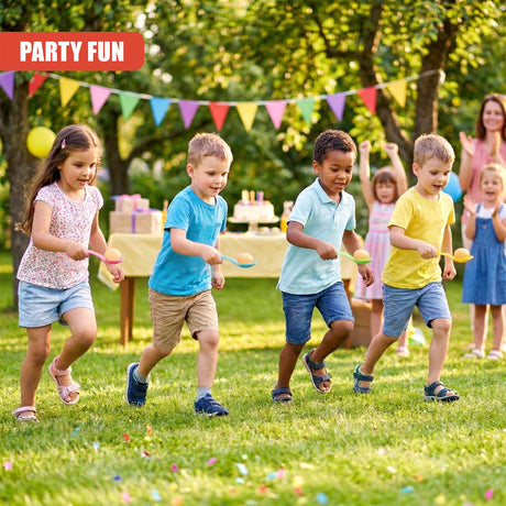 Children play an outdoor egg and spoon race on a grassy lawn during a colorful gathering.